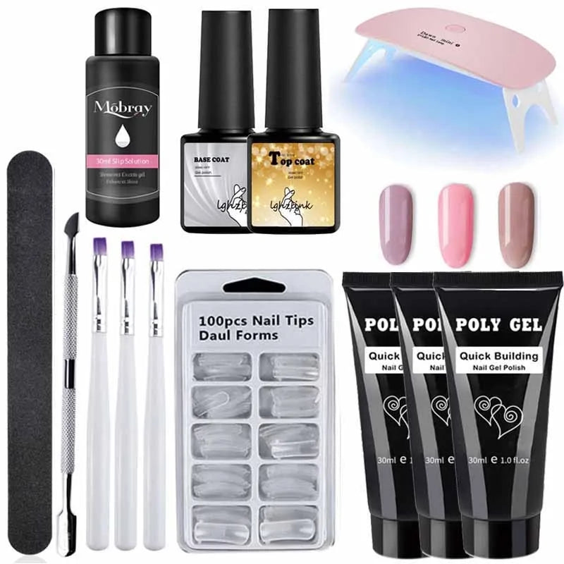 Kit manicure en gel poly avec pinceau UV et ongles